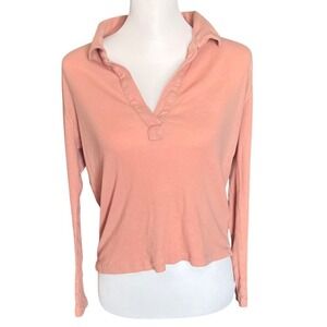J. Crew Women's Peach Pink Long Sleeve Ribbed Collared Polo Shirt SZ L